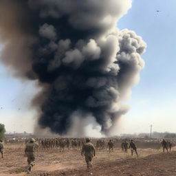 Un campo de batalla con soldados en acción, explosiones y humo en el aire