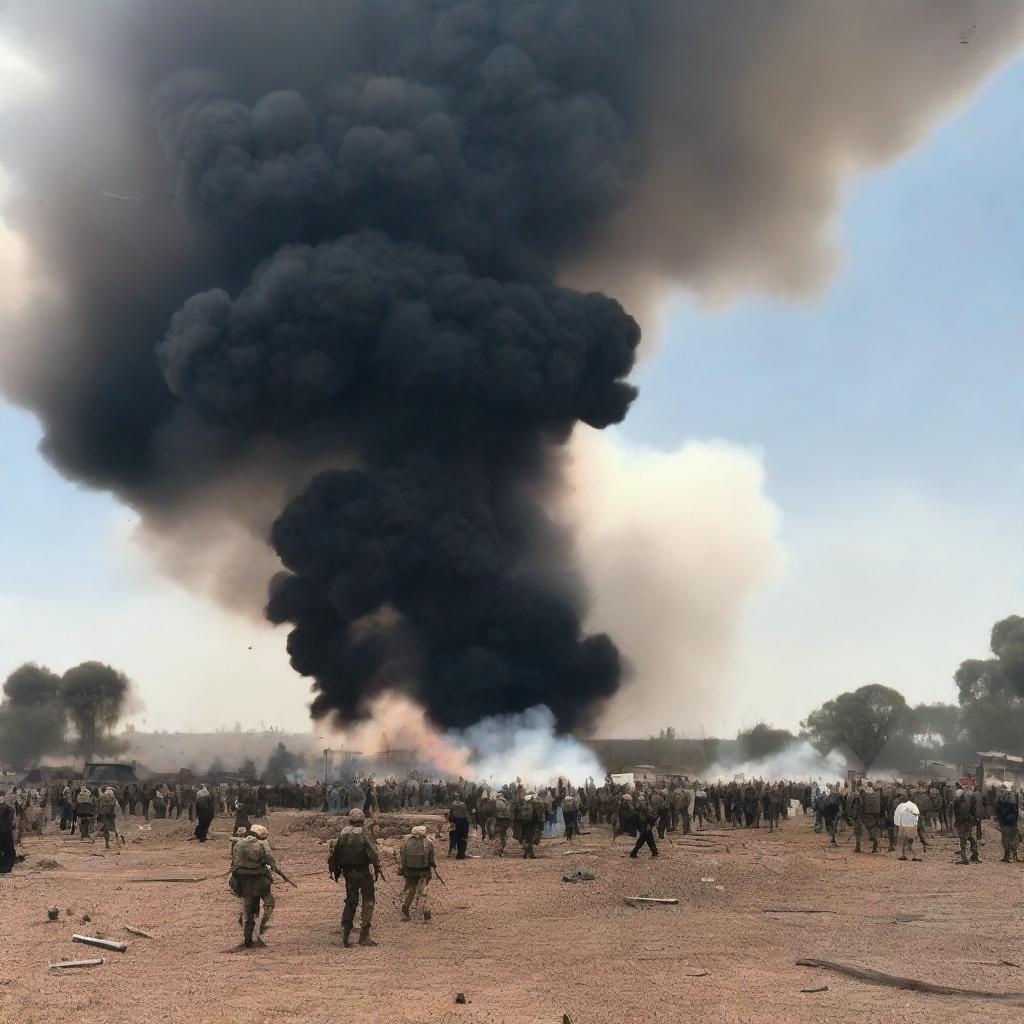 Un campo de batalla con soldados en acción, explosiones y humo en el aire