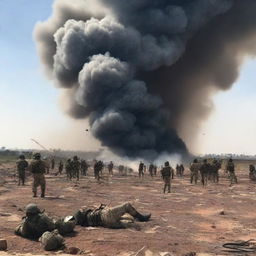 Un campo de batalla con soldados en acción, explosiones y humo en el aire