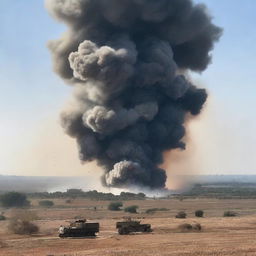 Un campo de batalla con soldados en acción, explosiones y humo en el aire