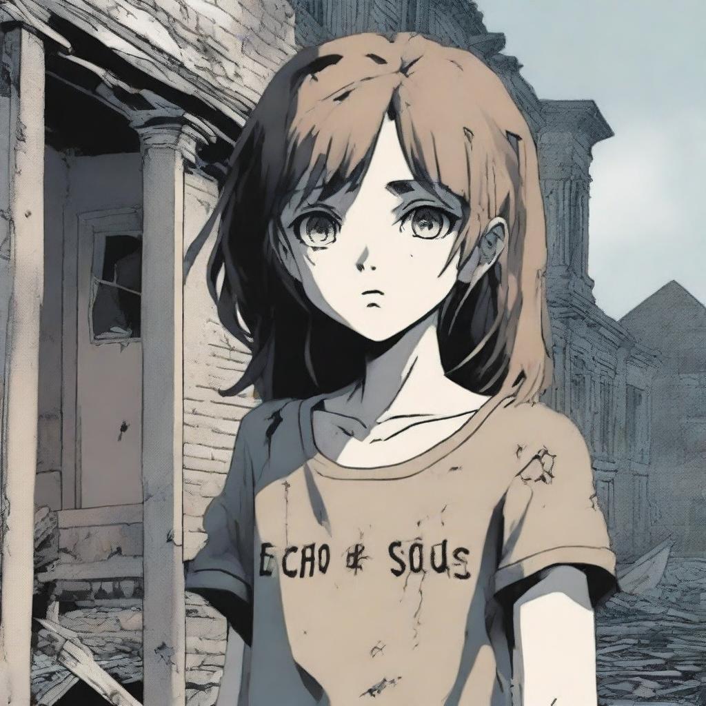 A 17-year-old girl with disheveled hair and wide eyes stands in front of an old and macabre abandoned building