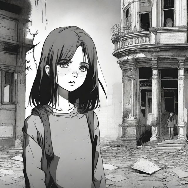 A 17-year-old girl with disheveled hair and wide eyes stands in front of an old and macabre abandoned building