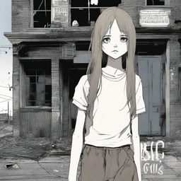 A 17-year-old girl with disheveled hair and wide eyes stands in front of an old and macabre abandoned building