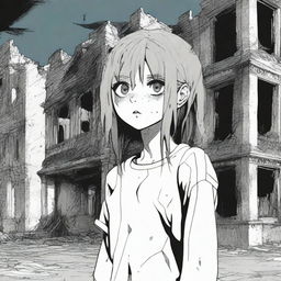 A 17-year-old girl with disheveled hair and wide eyes stands in front of an old and macabre abandoned building