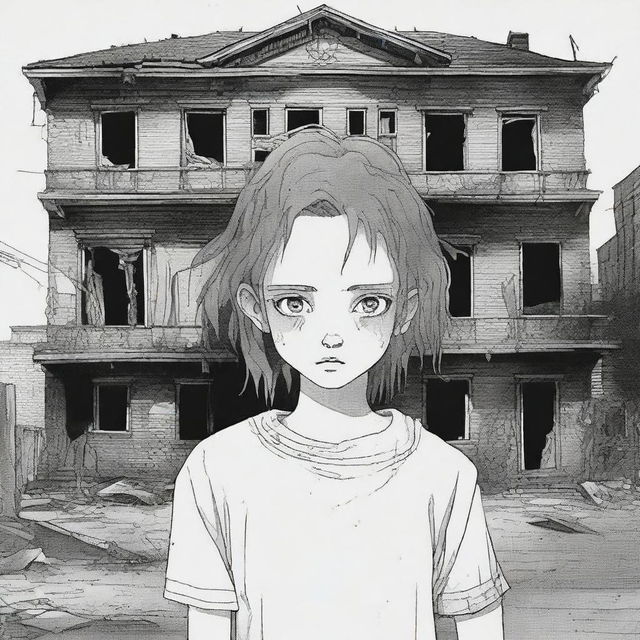 A 17-year-old girl with disheveled hair and wide eyes stands in front of an old and macabre abandoned building