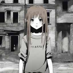 A 17-year-old girl with disheveled hair and wide eyes stands in front of an old and macabre abandoned building