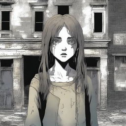 A 17-year-old girl with disheveled hair and wide eyes stands in front of an old and macabre abandoned building