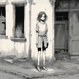 A 17-year-old girl with disheveled hair and wide eyes stands in front of an old and macabre abandoned building