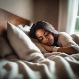 A peaceful scene of a woman sleeping in a cozy bed with soft pillows and a warm blanket