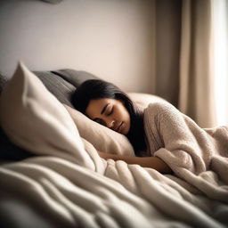 A peaceful scene of a woman sleeping in a cozy bed with soft pillows and a warm blanket