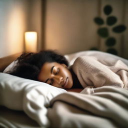 A peaceful scene of a woman sleeping in a cozy bed with soft pillows and a warm blanket