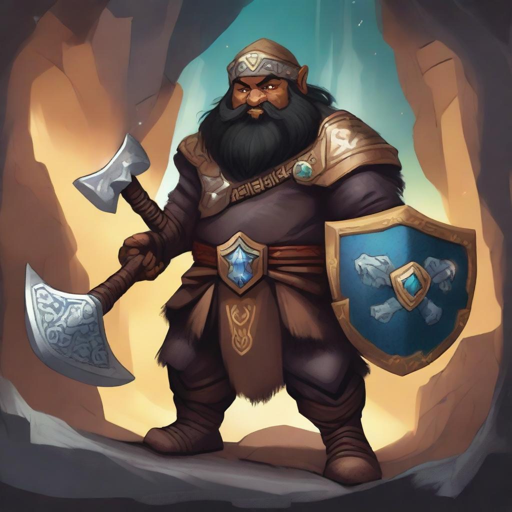 A detailed and vibrant illustration of a dwarf with a dark complexion, black hair, and brown eyes