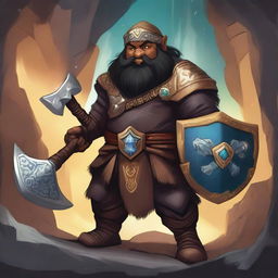 A detailed and vibrant illustration of a dwarf with a dark complexion, black hair, and brown eyes