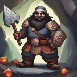 A detailed and vibrant illustration of a dwarf with a dark complexion, black hair, and brown eyes