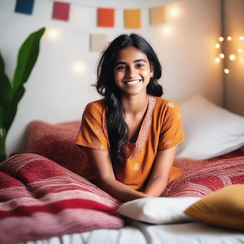 A cute Indian girl with a warm smile, sitting comfortably on a bed with soft, colorful pillows and blankets