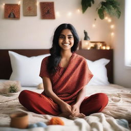 A cute Indian girl with a warm smile, sitting comfortably on a bed with soft, colorful pillows and blankets