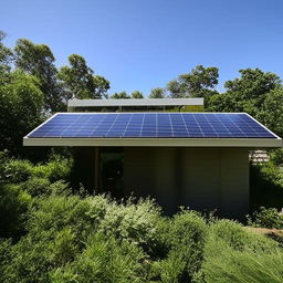 An eco-friendly home with two floors, each floor occupying 350 square feet, equipped with solar panels, green roofs, water-saving fixtures, and sustainable materials against a lush outdoor environment