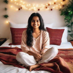 A cute Indian girl with a warm smile, sitting comfortably on a bed with soft, colorful pillows and blankets