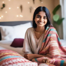 A cute Indian girl with a warm smile, sitting comfortably on a bed with soft, colorful pillows and blankets