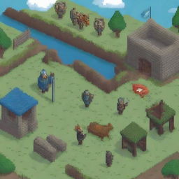 Un campo de batalla antiguo en estilo pixel art con guerreros medievales en acción, espadas y escudos chocando