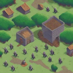 Un campo de batalla antiguo en estilo pixel art con guerreros medievales en acción, espadas y escudos chocando