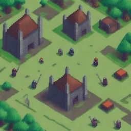 Un campo de batalla antiguo en estilo pixel art con guerreros medievales en acción, espadas y escudos chocando