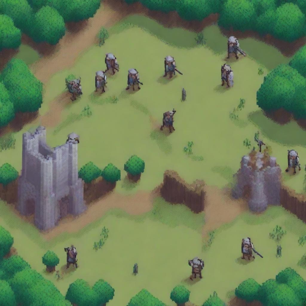 Un campo de batalla antiguo en estilo pixel art pero con un toque realista