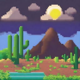 Un campo seco en estilo pixel art, con tierra agrietada y vegetación escasa