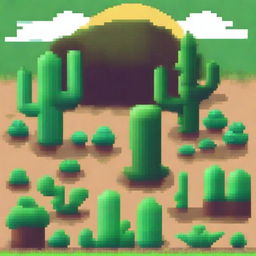 Un campo seco en estilo pixel art, con tierra agrietada y vegetación escasa