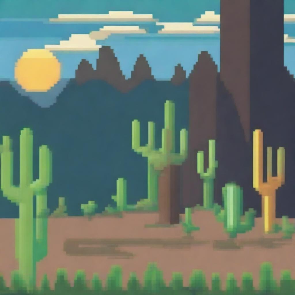 Un campo seco en estilo pixel art, con tierra agrietada y vegetación escasa