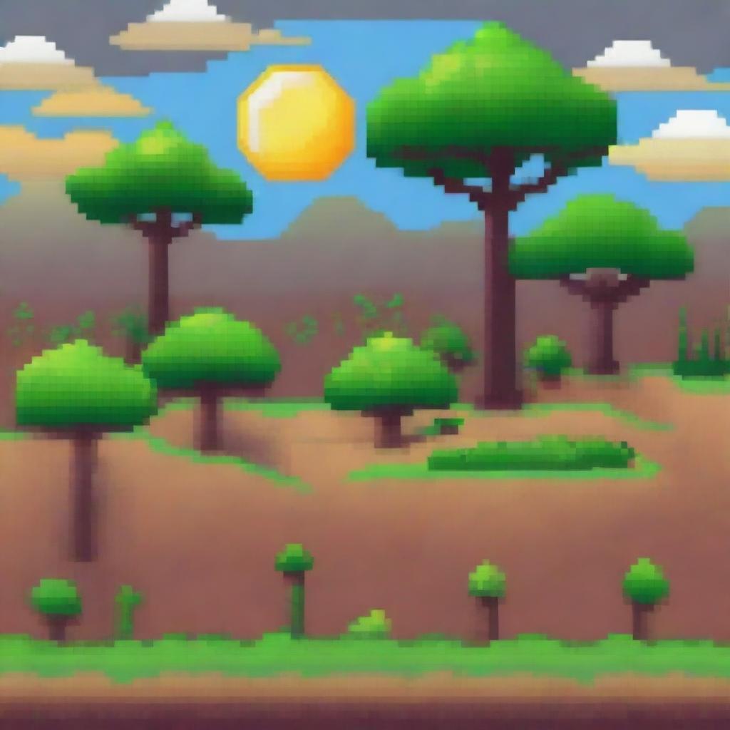 Un campo seco en estilo pixel art, con tierra agrietada y vegetación escasa pero no un desierto