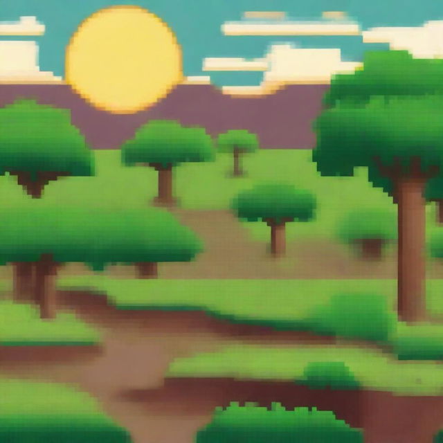 Un campo seco en estilo pixel art, con tierra agrietada y vegetación escasa pero no un desierto