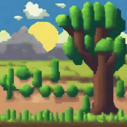 Un campo seco en estilo pixel art, con tierra agrietada y vegetación escasa pero sin cactus