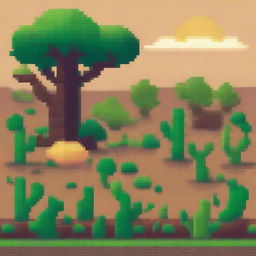 Un campo seco en estilo pixel art, con tierra agrietada y vegetación escasa pero sin cactus