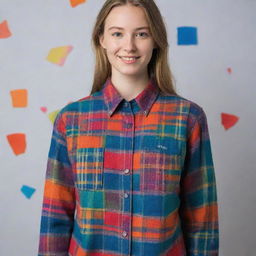 Design a unique, artistic flannel, featuring eclectic patches of vibrant colors and patterns, serving as a uniform for a contemporary Plastic Arts school