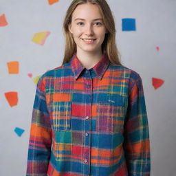 Design a unique, artistic flannel, featuring eclectic patches of vibrant colors and patterns, serving as a uniform for a contemporary Plastic Arts school