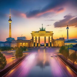 A picturesque view of Berlin, showcasing iconic landmarks such as the Brandenburg Gate, the Berlin TV Tower, and the Reichstag building