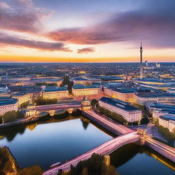 A picturesque view of Berlin, showcasing iconic landmarks such as the Brandenburg Gate, the Berlin TV Tower, and the Reichstag building