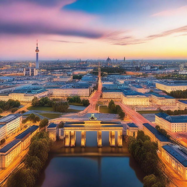 A picturesque view of Berlin, showcasing iconic landmarks such as the Brandenburg Gate, the Berlin TV Tower, and the Reichstag building