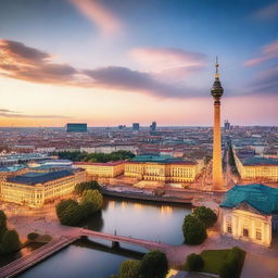 A picturesque view of Berlin, showcasing iconic landmarks such as the Brandenburg Gate, the Berlin TV Tower, and the Reichstag building