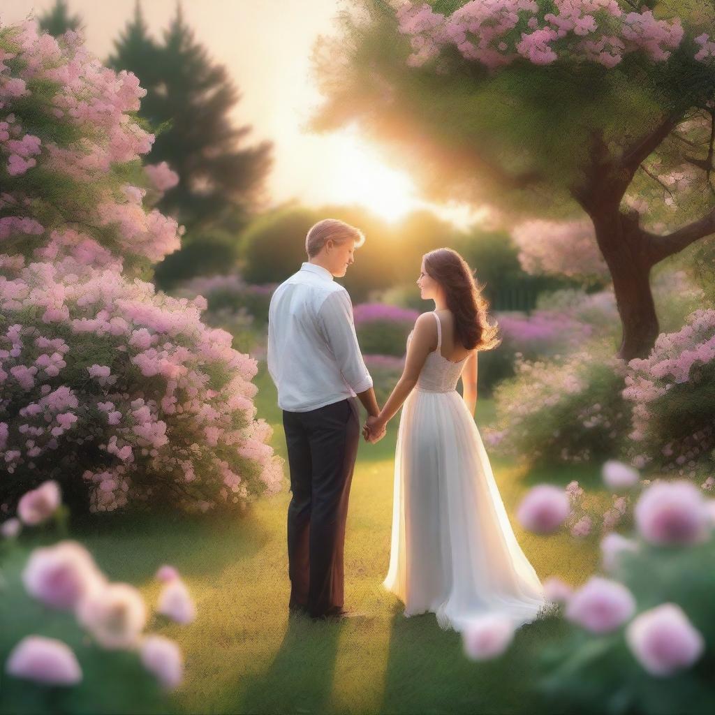 A romantic scene featuring a couple in a beautiful garden with blooming flowers, a serene sunset in the background, and a gentle breeze