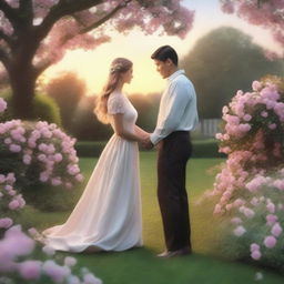 A romantic scene featuring a couple in a beautiful garden with blooming flowers, a serene sunset in the background, and a gentle breeze