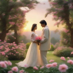 A romantic scene featuring a couple in a beautiful garden with blooming flowers, a serene sunset in the background, and a gentle breeze