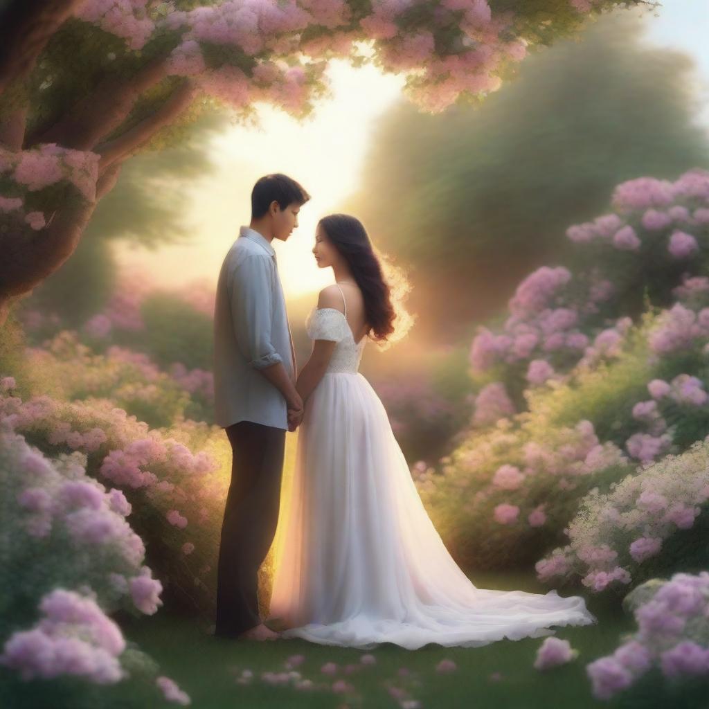 A romantic scene featuring a couple in a beautiful garden with blooming flowers, a serene sunset in the background, and a gentle breeze