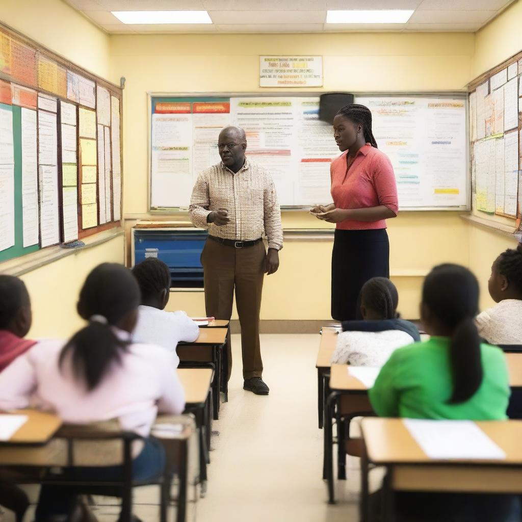 A dedicated teacher stands at the front of a classroom, engaging with a group of attentive students