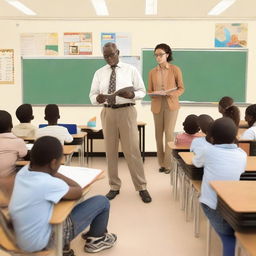 A dedicated teacher stands at the front of a classroom, engaging with a group of attentive students