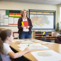 A teacher stands in front of a classroom, teaching students about Germany