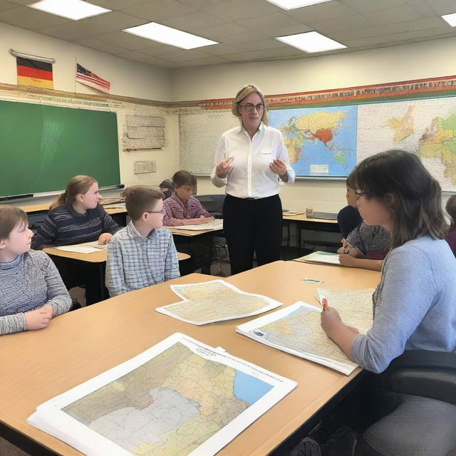 A teacher stands in front of a classroom, teaching students about Germany