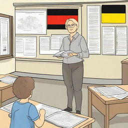 A teacher stands in front of a classroom, teaching students about Germany