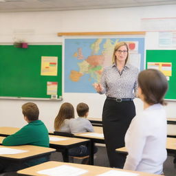 A teacher stands in front of a classroom, teaching students about Germany